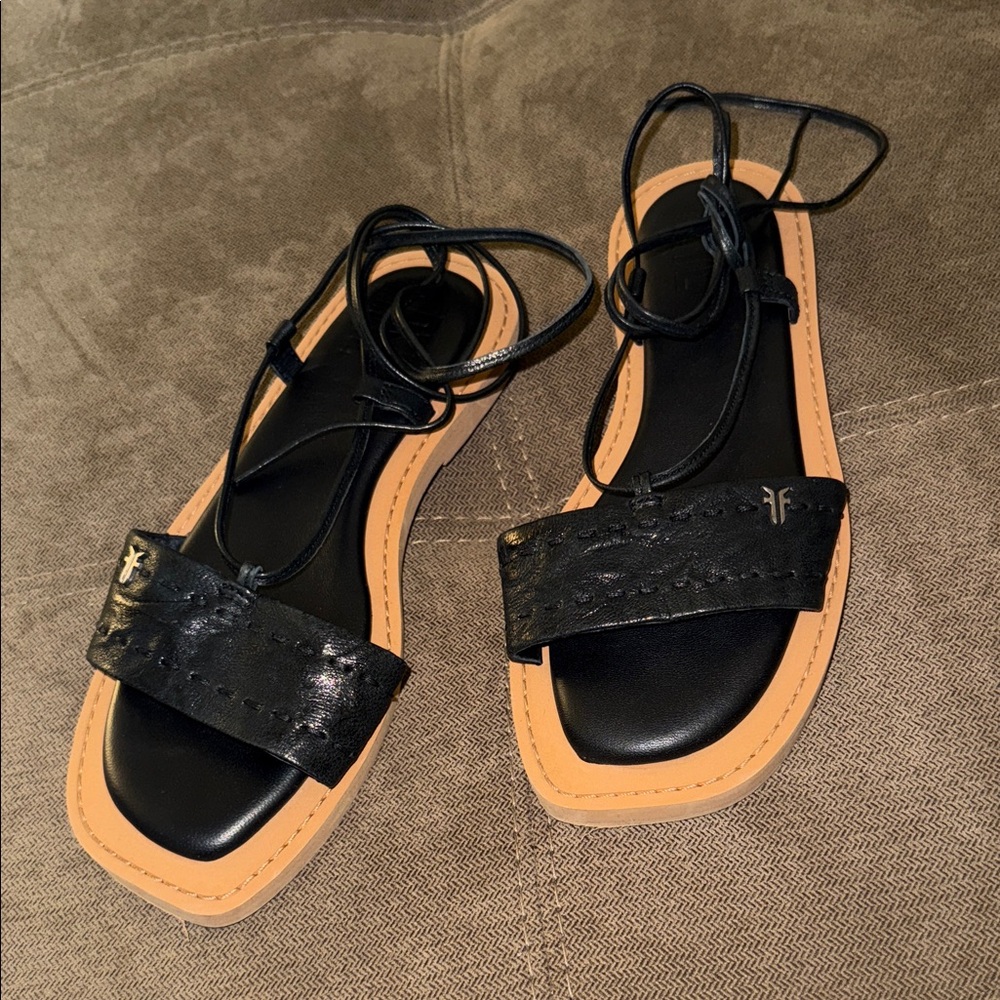 Frye Black and Tan Lace-Up Leather Sandals